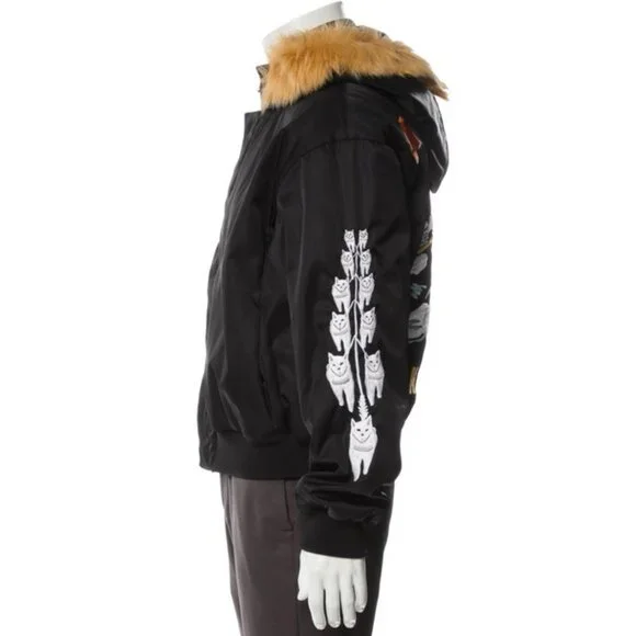 NEW! $2300 Bally of Switzerland Fur Trim Bomber Jacket!BlackEmbroidered Bear